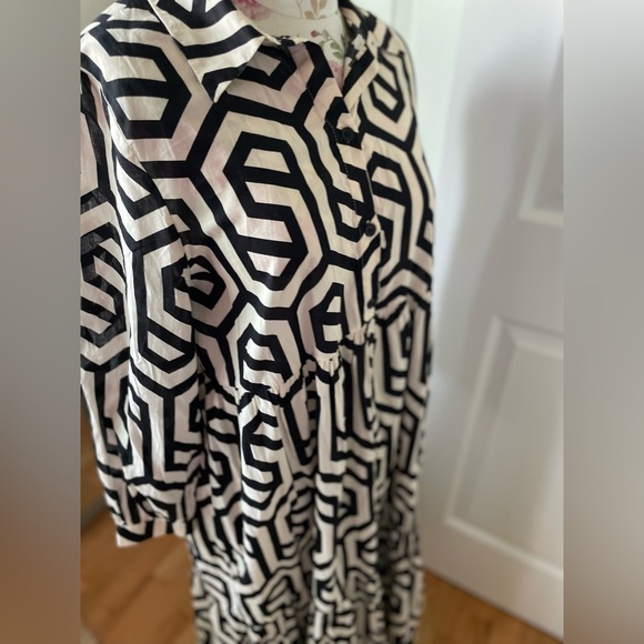Zara Black White Print A-Line Long Sleeve Shirt Casual Maxi Dress Size Large - Picture 8 of 13